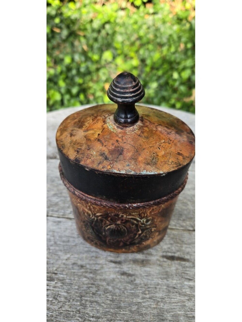 Distressed Sepia Brown Lidded Metal Tobacco Tea Spice Jar Storage Tin 7x5x3"